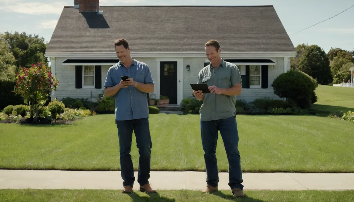 A friendly local provider and a homeowner reviewing a sewer line repair plan in a front yard in the Lansdale area